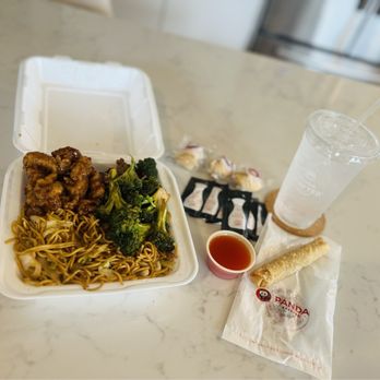 Panda Express - 2 entree plate with orange chicken, broccoli beef, and all chow mein b/c we have steamed white rice at home. And an apple pie roll. Yum! - Chinese Near Me - Beaverton, Oregon