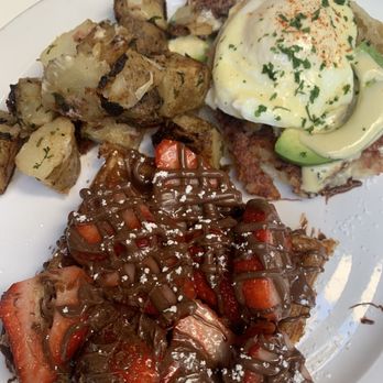 More Than Waffles - Nutella Belgian Waffle with Strawberries  Hash Benedict - Breakfast & Brunch Near Me - Encino, California
