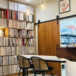 Rincon Mountain Winery Tasting Room - Wall of vinyl in the tasting room.