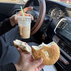 Iced white mocha, bagel