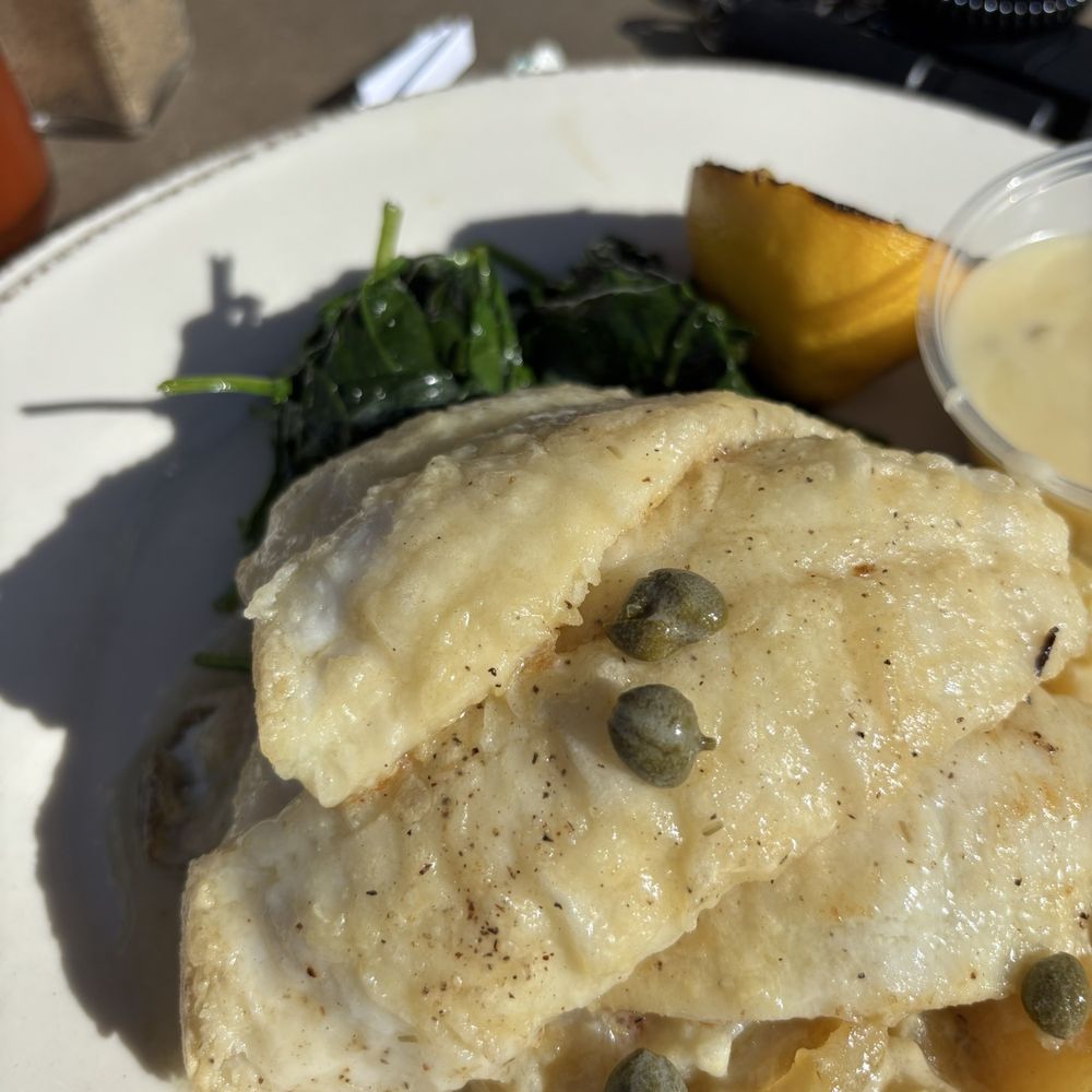 Bluewater Avalon - Sand dabs in beurre blanc sauce on a bed of scalloped potatoes with wilted spinach. - Seafood Near Me - Avalon, California Bluewater Avalon - Sand dabs in beurre blanc sauce on a bed of scalloped potatoes with wilted spinach. - Seafood Near Me - Avalon, California
