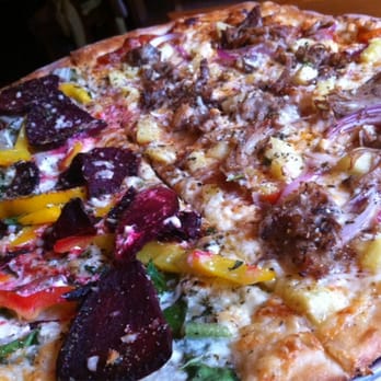 Creekbread - Pork Mopsy on right. Veggie special...beets, swiss chard amazingness...on left. - Pizza Near Me - Whistler, British Columbia