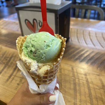Moo La La - Pistachio And banana pudding in waffle cone - Desserts Near Me - Miramar Beach, Florida Moo La La - Pistachio And banana pudding in waffle cone - Desserts Near Me - Miramar Beach, Florida