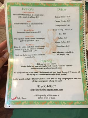 Menu photo 3 Mother India Restaurant Chatsworth, CA