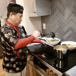 Cozymeal - Chef Harold forced to use our pots because we have an induction stove...