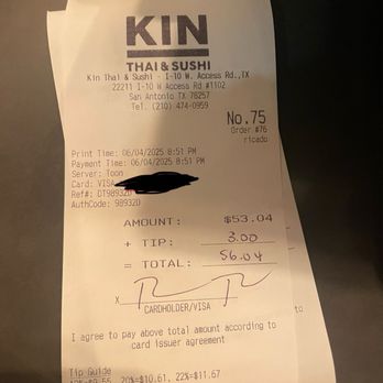 Kin Thai & Sushi - Receipt with tip for take out. - Japanese Near Me - San Antonio, Texas Kin Thai & Sushi - Receipt with tip for take out. - Japanese Near Me - San Antonio, Texas