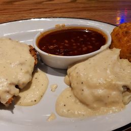 Chicken fried chicken, mashed potatoes and brisket baked beans