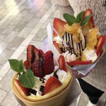Unicone Crepes - Strawberry Custard Whip with chocolate drizzle and Strawberry Ice cream chocolate Whip - Creperies Near Me - Tukwila, Washington Unicone Crepes - Strawberry Custard Whip with chocolate drizzle and Strawberry Ice cream chocolate Whip - Creperies Near Me - Tukwila, Washington