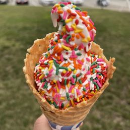 a hand holding an ice cream cone with sprinkles a hand holding an ice cream cone with sprinkles