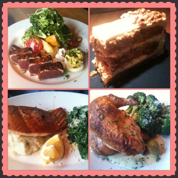 R+D Kitchen - Clockwise: Seared Tuna Salad, Carrot Cake, Roast Chicken with Broccoli & Salmon. - New American Near Me - Newport Beach, California R+D Kitchen - Clockwise: Seared Tuna Salad, Carrot Cake, Roast Chicken with Broccoli & Salmon. - New American Near Me - Newport Beach, California