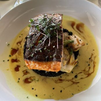 Windows On the Water - Salmon over bok choy and black rice - New American Near Me - Morro Bay, California Windows On the Water - Salmon over bok choy and black rice - New American Near Me - Morro Bay, California