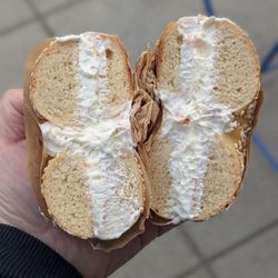 Boichik Bagels - Lox spread in a toasted sesame bagel
