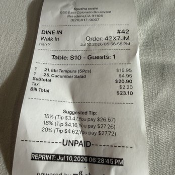 Kyushu Sushi - Receipt - Sushi Bars Near Me - Pasadena, California Kyushu Sushi - Receipt - Sushi Bars Near Me - Pasadena, California