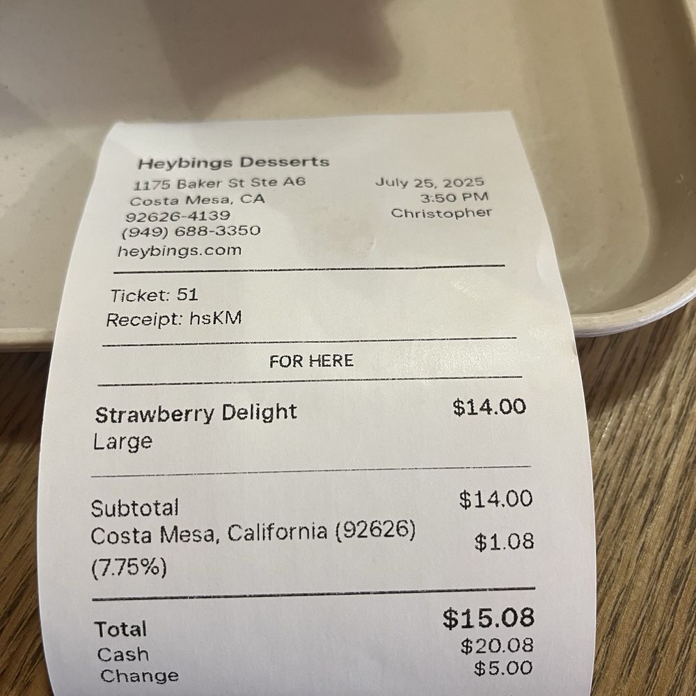 Heybings - Receipt - Desserts Near Me - Costa Mesa, California Heybings - Receipt - Desserts Near Me - Costa Mesa, California