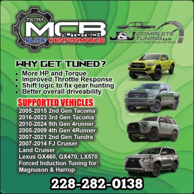 Sluggish acceleration? Gear hunting? Overall bad drivability? Then look into getting tuned! MCB Autotech Elite tunes! - Why Tune?
A proper ECU (Engine Control Unit) tune offers several advantages that can significantly enhance vehicle performance and efficiency. Here are some key benefits:
* Increased Power and Torque: A well-executed ECU tune optimizes fuel-air mixtures and ignition timing, resulting in improved horsepower and torque. This translates to better acceleration and overall driving experience.
* Enhanced Fuel Efficiency: By adjusting parameters within the engine's management system, an ECU tune can lead to better fuel economy. This can reduce overall fuel costs, making your vehicle more economical in the long run.
* Improved Throttle Response: Tuning the ECU can sharpen throttle response, offering a more engaging and responsive driving experience. This improves the vehicle's ability to react quickly to driver inputs.
* Customized Performance: Tuning allows for tailored performance adjustments based on specific driving needs or conditions. Whether for daily driving, off-roading, or track use, ECU tuning can adapt the vehicle accordingly.
* Better Emissions Control: A proper tune can also enhance emissions performance, allowing vehicles to meet or exceed regulatory standards while ensuring engine efficiency.
Incorporating these benefits into your vehicle can lead to a more satisfying driving experience and enhanced value.
For more information on ECU tuning and how it can benefit your vehicle, please contact J&J Complete Tuning LLC or visit our website at www.mcbautotech.com
Why MCB?
Ready to unlock your vehicle's potential? Choose the McB Autotech Elite tune! Our latest tuning solution is designed to deliver that perfect blend of power, seamless transmission control, and impressive durability. After four months of real-world testing, the results are in – and customers are raving!
We've not just created a good tune; we’ve developed the BEST in the market, as confirmed by our satisfied clients who’ve experienced various competitors tunes over the years. They’re noticing HUGE improvements in torque, transmission shift control, and overall smoothness.
At McB Autotech, we're passionate about boosting your vehicle’s performance and maintaining the highest standards of excellence. And we’re just getting started!
With exciting new tunes on the way, you can count on us for an outstanding service experience. Your feedback drives us to keep pushing the limits!
Stay tuned for more updates and join the McB family today! 💪✨ www.mcbautotech.com Sluggish acceleration? Gear hunting? Overall bad drivability? Then look into getting tuned! MCB Autotech Elite tunes! - Why Tune?
A proper ECU (Engine Control Unit) tune offers several advantages that can significantly enhance vehicle performance and efficiency. Here are some key benefits:
* Increased Power and Torque: A well-executed ECU tune optimizes fuel-air mixtures and ignition timing, resulting in improved horsepower and torque. This translates to better acceleration and overall driving experience.
* Enhanced Fuel Efficiency: By adjusting parameters within the engine's management system, an ECU tune can lead to better fuel economy. This can reduce overall fuel costs, making your vehicle more economical in the long run.
* Improved Throttle Response: Tuning the ECU can sharpen throttle response, offering a more engaging and responsive driving experience. This improves the vehicle's ability to react quickly to driver inputs.
* Customized Performance: Tuning allows for tailored performance adjustments based on specific driving needs or conditions. Whether for daily driving, off-roading, or track use, ECU tuning can adapt the vehicle accordingly.
* Better Emissions Control: A proper tune can also enhance emissions performance, allowing vehicles to meet or exceed regulatory standards while ensuring engine efficiency.
Incorporating these benefits into your vehicle can lead to a more satisfying driving experience and enhanced value.
For more information on ECU tuning and how it can benefit your vehicle, please contact J&J Complete Tuning LLC or visit our website at www.mcbautotech.com
Why MCB?
Ready to unlock your vehicle's potential? Choose the McB Autotech Elite tune! Our latest tuning solution is designed to deliver that perfect blend of power, seamless transmission control, and impressive durability. After four months of real-world testing, the results are in – and customers are raving!
We've not just created a good tune; we’ve developed the BEST in the market, as confirmed by our satisfied clients who’ve experienced various competitors tunes over the years. They’re noticing HUGE improvements in torque, transmission shift control, and overall smoothness.
At McB Autotech, we're passionate about boosting your vehicle’s performance and maintaining the highest standards of excellence. And we’re just getting started!
With exciting new tunes on the way, you can count on us for an outstanding service experience. Your feedback drives us to keep pushing the limits!
Stay tuned for more updates and join the McB family today! 💪✨ www.mcbautotech.com