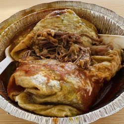 Burritos El Chavo - "Combination Burrito" to go. Tasted great, fresh filled with meat onions, peppers, R & G salsas topped with red sauce & cheese.