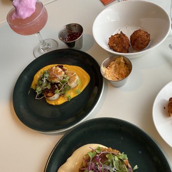 Cafe 44 - Scallops crab cake hush puppies - American Near Me - Alexandria, Virginia