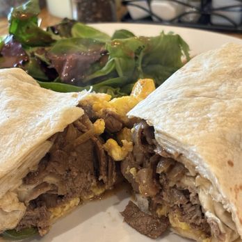 Woodbridge Tavern - Cheesesteak egg wrap (mixed lettuce side salad had some leaves beginning to go bad) - New American Near Me - Jasper, Georgia Woodbridge Tavern - Cheesesteak egg wrap (mixed lettuce side salad had some leaves beginning to go bad) - New American Near Me - Jasper, Georgia