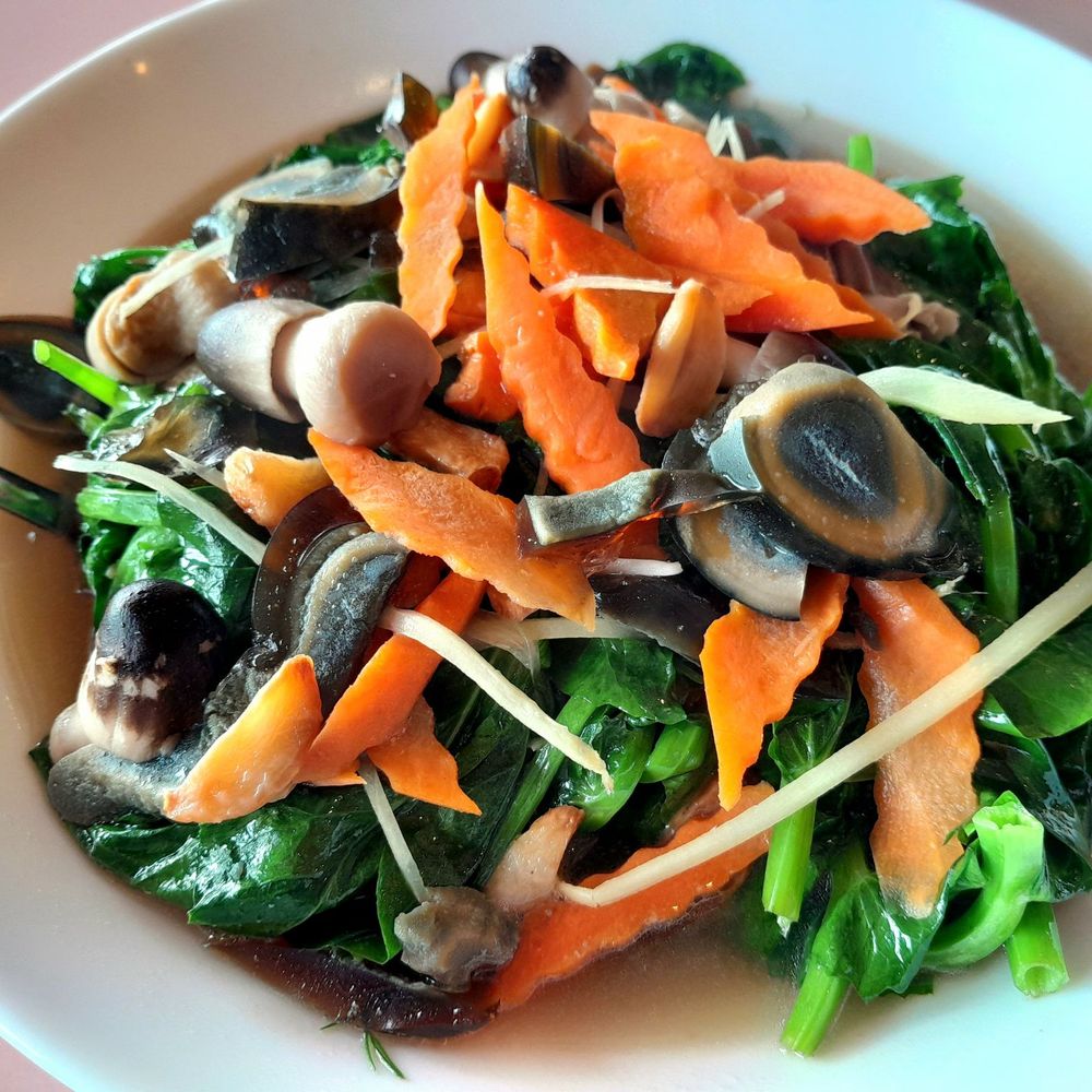Bean shoots and straw mushrooms
