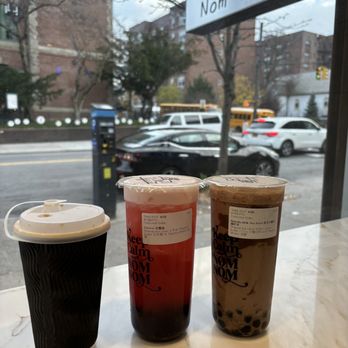 Nom Tea - hot black tea with boba - m; cancer horoscope fruit tea series - l; nutella milk tea swirl with boba - l - Bubble Tea Near Me - Queens, New York