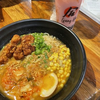 Gung Ho - Tulsa - Kimchi and fried chicken ramen bowl and a strawberry milk tea. - Bubble Tea Near Me - Tulsa, Oklahoma