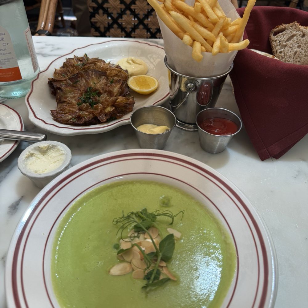 Artichoke, Pommes Frites and spring pea soup