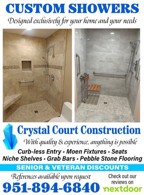 Hand Crafted Showers - From demo to final finishes, Crystal Court Construction handles every aspect of home remodeling under one roof—no subcontractors, no downtime. This top-to-bottom renovation included updated flooring, new lighting, wall adjustments, and premium craftsmanship throughout. One team, one timeline, stunning results. Hand Crafted Showers - From demo to final finishes, Crystal Court Construction handles every aspect of home remodeling under one roof—no subcontractors, no downtime. This top-to-bottom renovation included updated flooring, new lighting, wall adjustments, and premium craftsmanship throughout. One team, one timeline, stunning results.