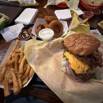 Canyon Inn - Hacksaw Burger with onion rings and garlic fries - Burgers Near Me - Redwood City, California