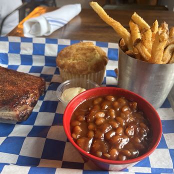 3rd Street Tavern - 1/4 rack of pork spare ribs with fries, baked beans and a corn muffin. 10/10. This is the best barbecue in MN! - Southern Near Me - Saint Peter, Minnesota