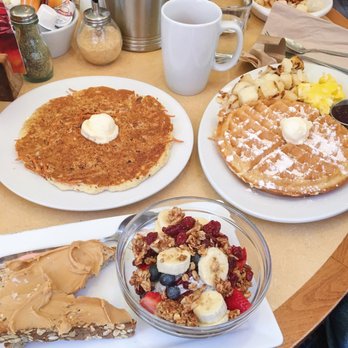 First Watch - Morning power bowl (coconut milk chia pudding), Tri-fecta with a waffle and potatoes instead of meat, and a Careorncake pancake - Breakfast & Brunch Near Me - Rockville, Maryland First Watch - Morning power bowl (coconut milk chia pudding), Tri-fecta with a waffle and potatoes instead of meat, and a Careorncake pancake - Breakfast & Brunch Near Me - Rockville, Maryland