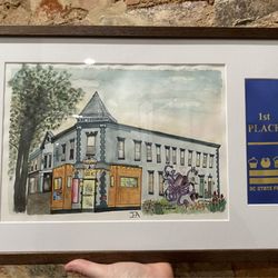 Framebridge - Finished framed watercolor painting and ribbon. Walnut mini frame. Medium, 13x7 original art, dove white mat.