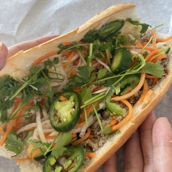 Banh Mi 102 - Xiu mai (pork meatball) banh mi  Not in meatball shape- has it in ground form and very little meat in this sandwich - Vietnamese Near Me - San Antonio, Texas
