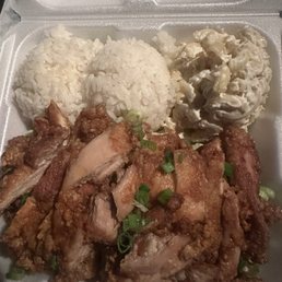 Korean chicken plate with two scoops of rice and macaroni. Korean chicken plate with two scoops of rice and macaroni.