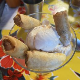 Dessert Fried Banana with Ice Cream (it has coconut, banana, & black sesame seeds inside) so goood