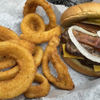 Iowa's Best Burger Cafe - 1/2 lb burger with cheese, bacon, and onion rings. - Burgers Near Me - Kellogg, Iowa Iowa's Best Burger Cafe - 1/2 lb burger with cheese, bacon, and onion rings. - Burgers Near Me - Kellogg, Iowa