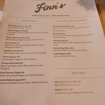 Finn’s - a menu for a restaurant - Desserts Near Me - Troy, New York