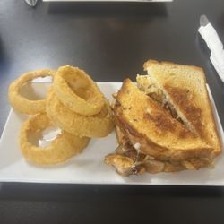 Meadows Cafe - Bourbon chicken melt and onion rings