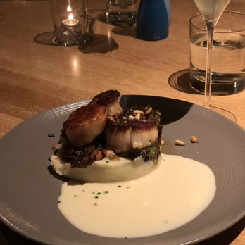Shaker + Spear - Diver Scallops, Pinenuts, Mashed Potatoes   Bacon Brussel Sprouts - Seafood Near Me - Seattle, Washington