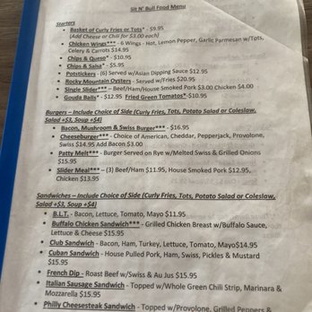 Sit N Bull Saloon - Front page of the menu - American Near Me - Indian Hills, Colorado