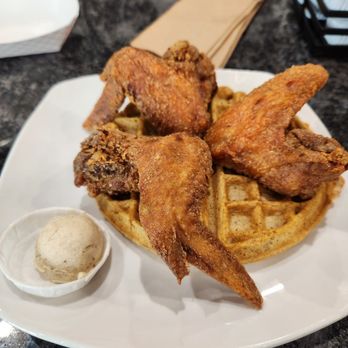 Dame's Chicken & Waffles - Sweet potato waffle and wings with maple pecan shmere - Southern Near Me - Durham, North Carolina