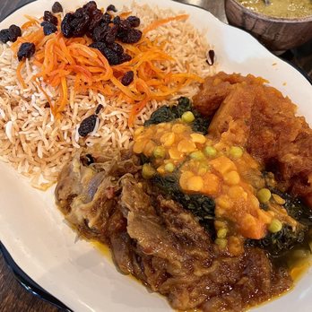 Kabul House - Vegetarian Platter. Had roasted eggplant, sabzi (Spinach), Kadu (pumpkin) - Afghan Near Me - Evanston, Illinois