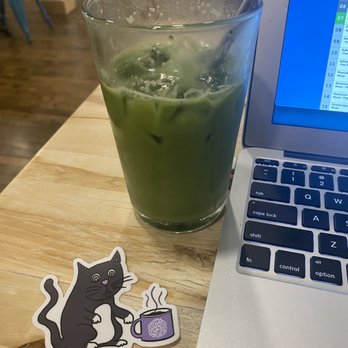 Kindred Coffee Roasters - Iced Matcha Latte with coconut milk  Caffeine kitty sticker - Coffee Roasteries Near Me - West Chicago, Illinois
