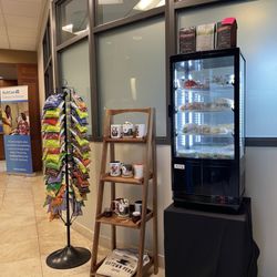 Snacks, sandwiches, and merchandise for purchase