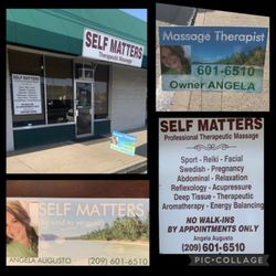 Angela Augusto, CMT - Self Matters - What my office looks like from the outside, plus my business card and my sign that shows what I offer...