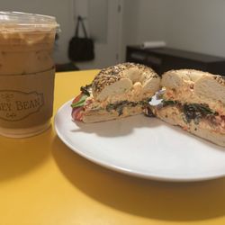 Honey Bean Cafe - Iced latte and a smoked salmon everything bagel