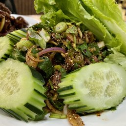 Mouth drooling spicy raw beef laab. You can request it to be cooked or raw, bitter or not. It was delicious!