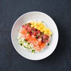 Poke Jay - Nemo & Iron Man- salmon mayo, spicy tuna, masago, scallion, mango, cucumber, kaiso seaweed, sesame seed, sushi rice