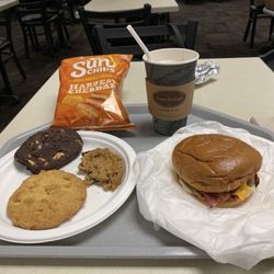 Tri City Medical Center - Cafeteria: Bacon, Egg, and Cheese Sandwich on Brioche Bun. French Vanilla Cappuccino, Sun Chips, and 3 Cookies.
