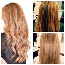 Abstrakt Studio - Top right is before, bottom right is after 1 session of Balayage. Left is after 3 sessions of Balayage and extensions. Hair by Katie