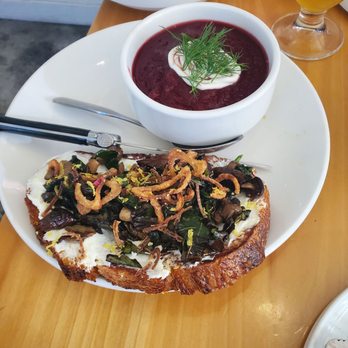 Tonic - Mushroom open faced sandwich with beet soup. Soup surprised me - super awesome. Sandwich was good but needed 10x more mushrooms. - New American Near Me - Charlottesville, Virginia